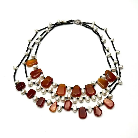 Vintage Three-Strand Carnelian & Cultured Pearl Necklace—Artisan Made — EUC